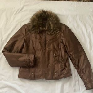 Warm vegan leather JACKET with fur collar